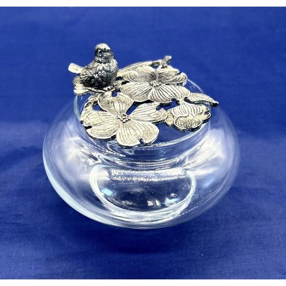 Vintage Metzke Potpourri Glass Jar Pewter Bird Figure Dogwood Flower Lid Topper - Picture 1 of 8